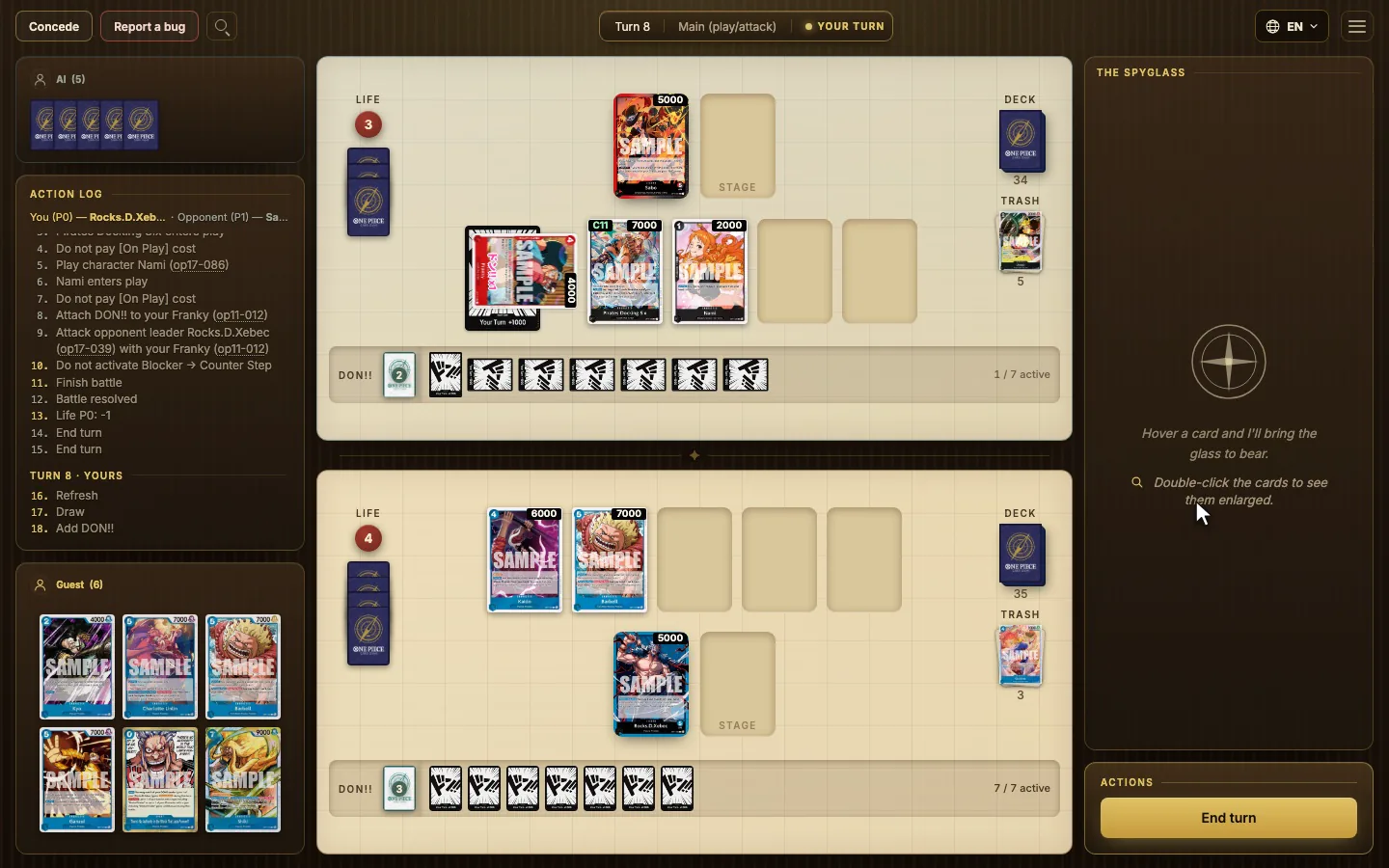 The OPTCG AI board during a One Piece Card Game match